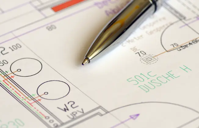 Ballpoint pen lies on building plan.