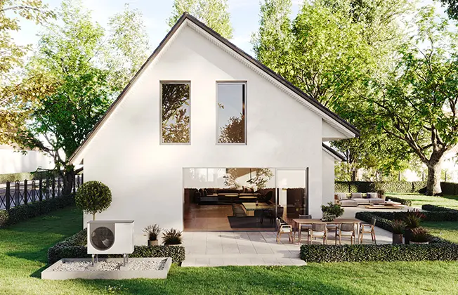 Modern new-build home with a Waterkotte Basic Line Air Bloc installed in the garden during summer.