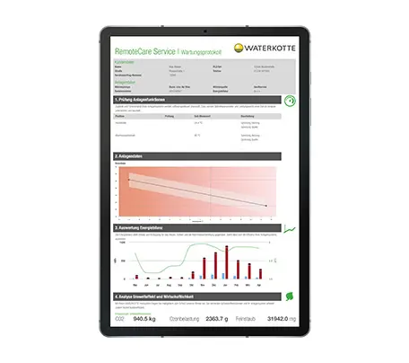 On a tablet, you can see the annual results report for the online maintenance included in the RemoteCare service. 