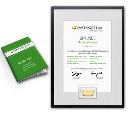 A framed certificate of achievement for training participation alongside a seminar pass.