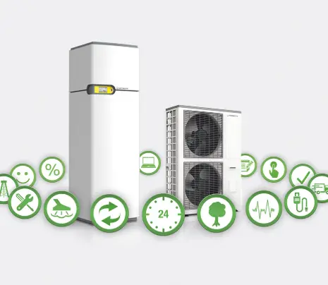 Heat pump with icons arranged around it, symbolising various services.
