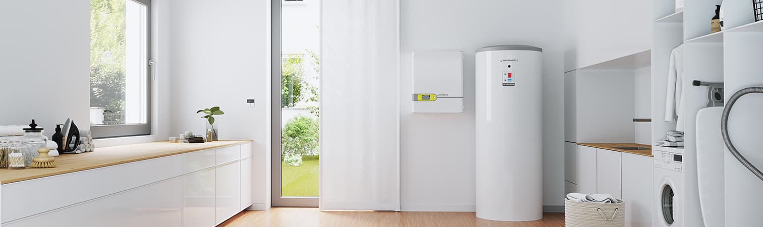 Bright, modern utility room featuring an elegantly integrated Waterkotte EcoStock storage unit and a wall-mounted Waterkotte indoor unit.