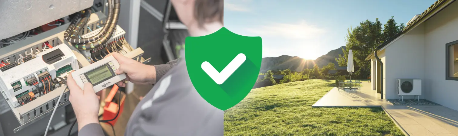 Grünes Schutzschild mit Häkchenmotiv vor zwei Bildern mit Wartung und Wärmepumpe.