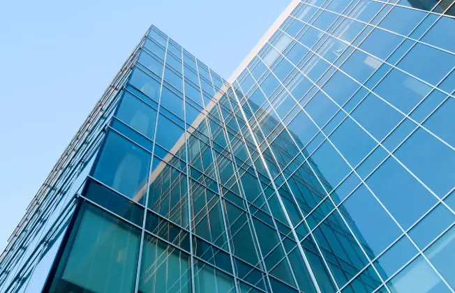 View of a high-rise building with a window front.