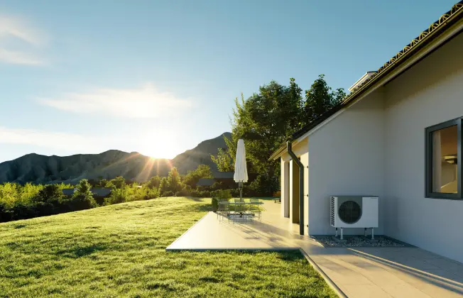 Basic Line Air Bloc heat pump in front of a new building with a sweeping view of the countryside. 