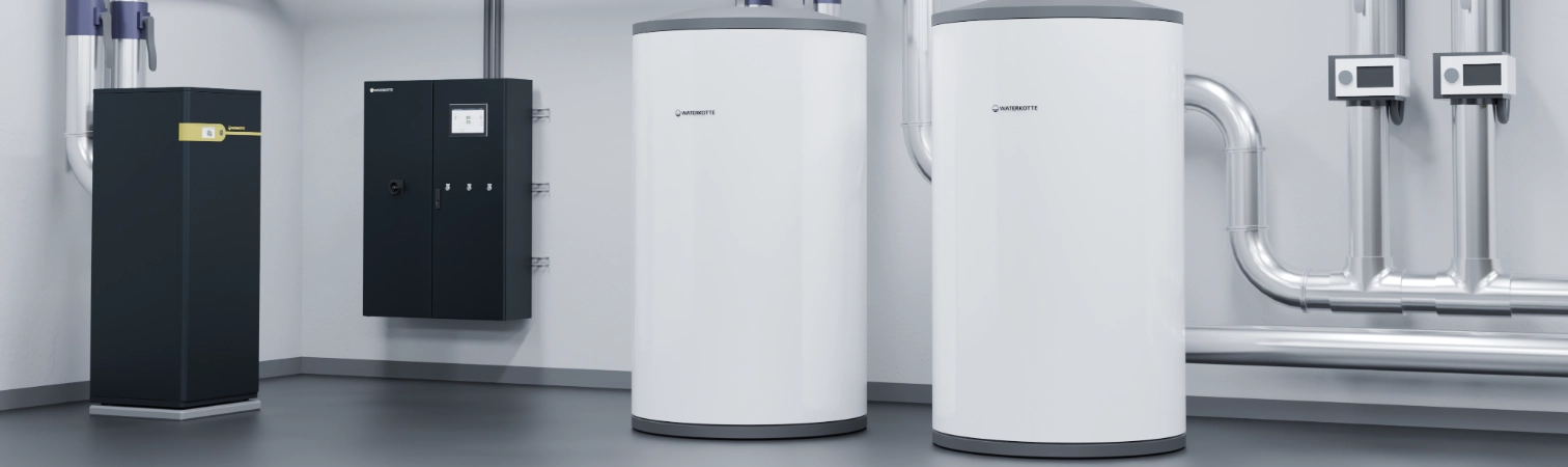 Geothermie-Wärmepumpen mit Peripherie, Speicher und Schaltschrank in Heizungsraum. 