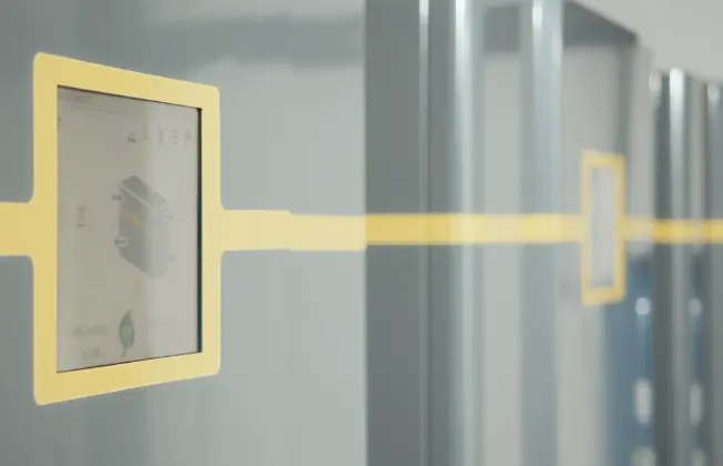 Close-up of a touchscreen display on a WATERKOTTE heat pump, with additional heat pump units visible in the background.