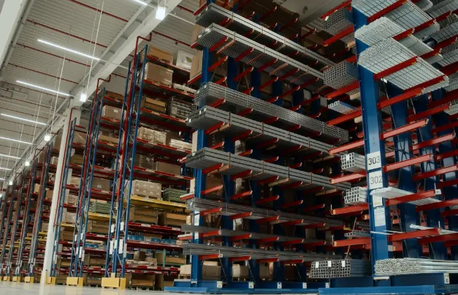 Warehouse shelving inside the MEFA logistics center.