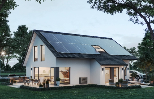 Einfamilienhaus-Neubau mit EcoTouch Air Bloc Außengerät und im Inneren, durch das Fenster erkennbaren, wandmontierter Steuerungseinheit. 