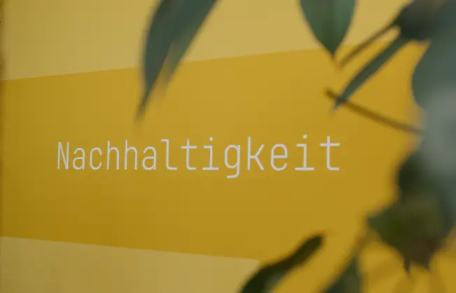 White lettering reading “Sustainability” on a yellow wall.