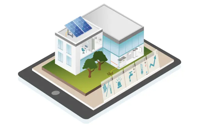 Illustration of a smart building on a tablet with solar panels and symbols for digital heat pump control, energy monitoring, and sustainable building technology.